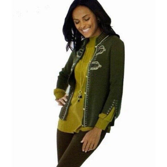 Chicos Sweater 2 Large Green Military Style Embellished Beaded Jacket Cardigan - Picture 5 of 12